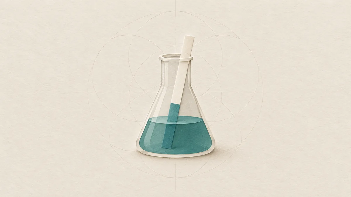 A cut-paper glass flask a third full of teal liquid, a paper test strip standing in it, on warm off-white paper.