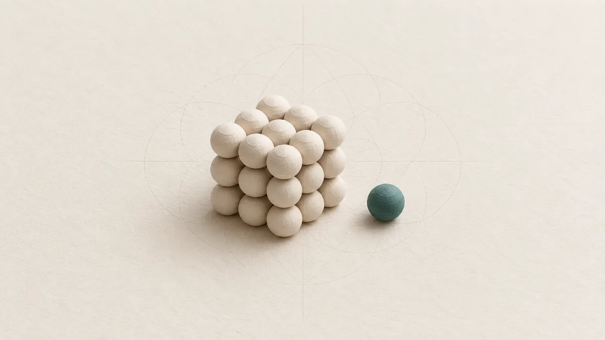 A cut-paper block of stacked round beads with one teal bead set apart beside it, on warm off-white paper.