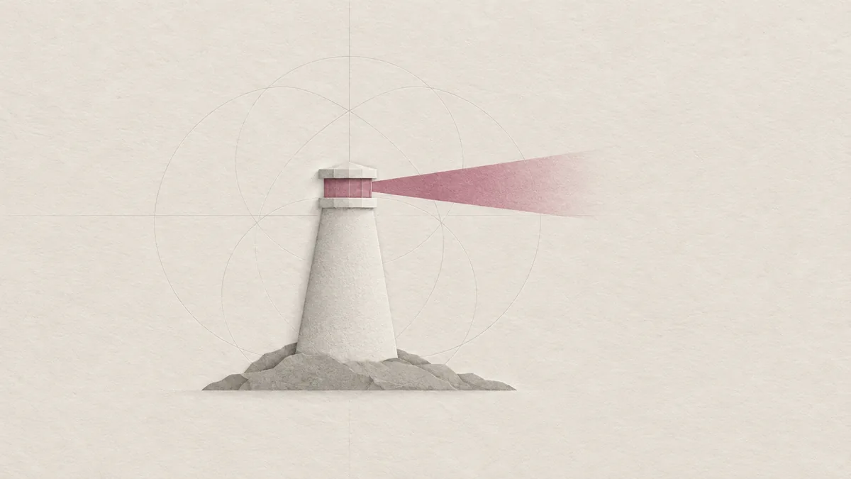 A stout cut-paper lighthouse on a small rock sends one short pink beam to the right, on warm off-white paper.