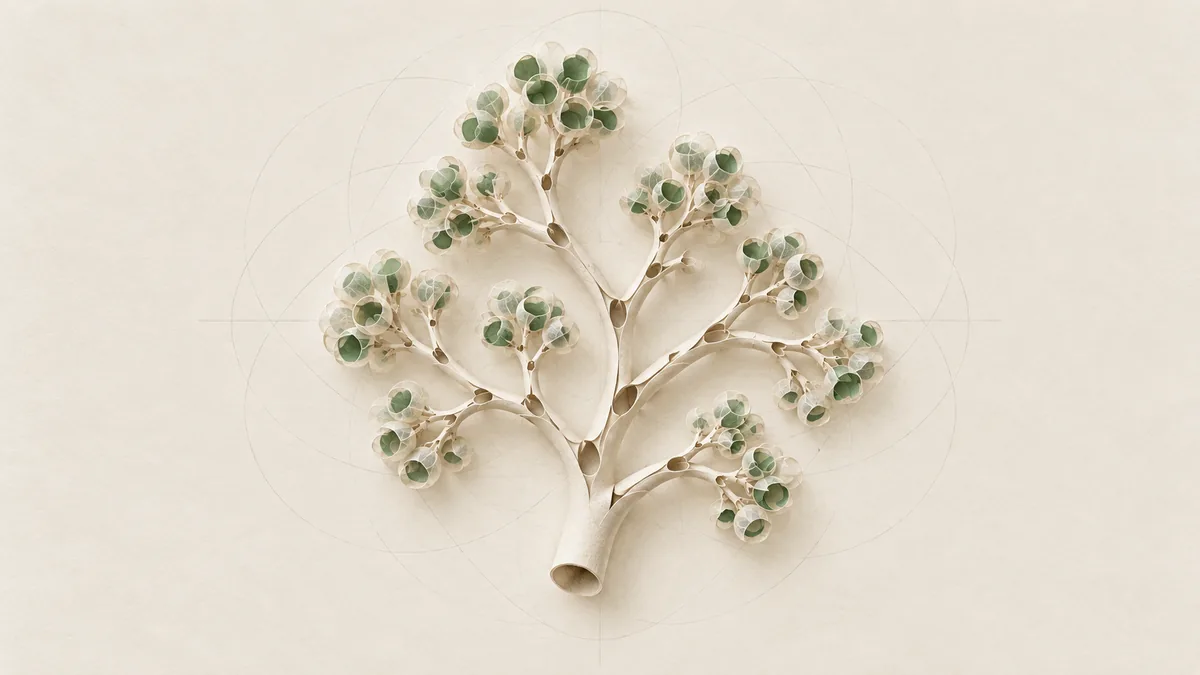 A branching paper tree of fine tubes ending in clusters of tiny round sacs, in green on warm off-white paper.
