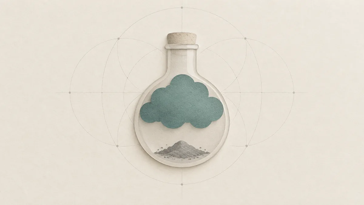 A sealed cut-paper glass flask holding a small heap of ash and a teal cloud of gas, on warm off-white paper.