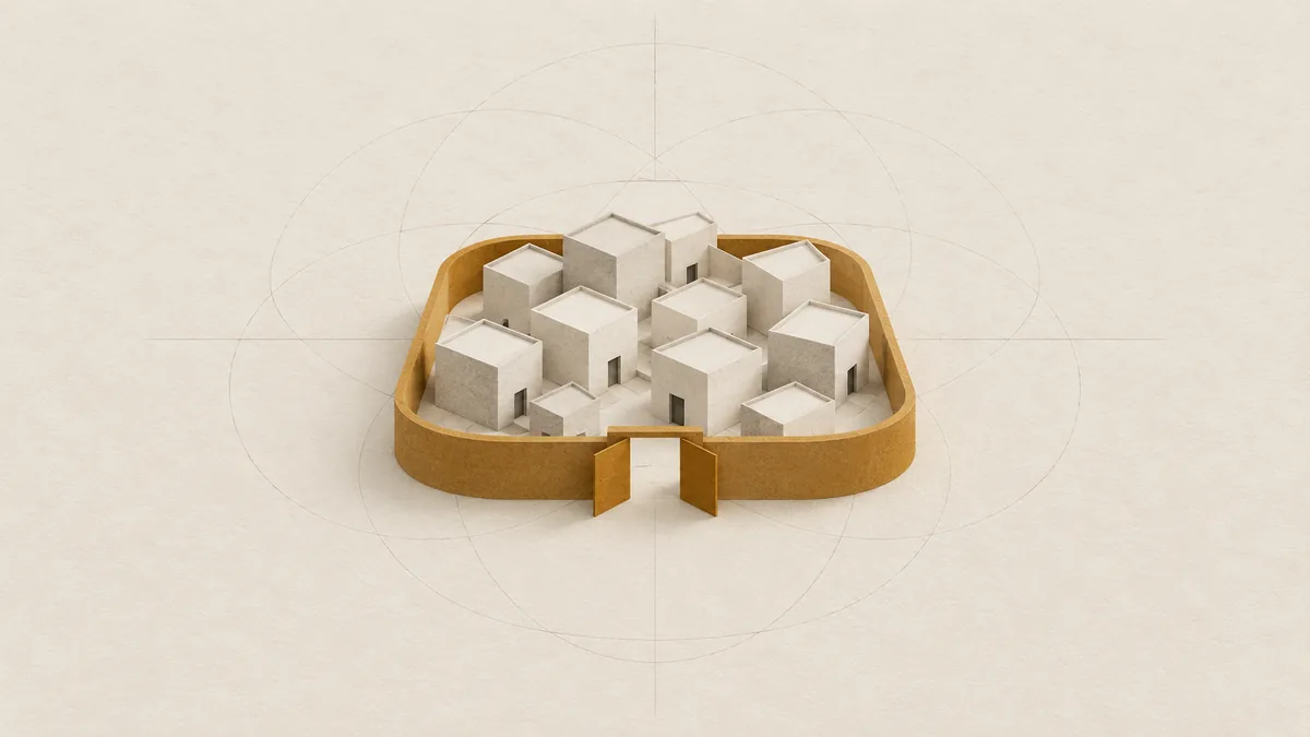 A small paper town of flat-roofed houses inside an amber wall, its gate standing open, on warm off-white paper.
