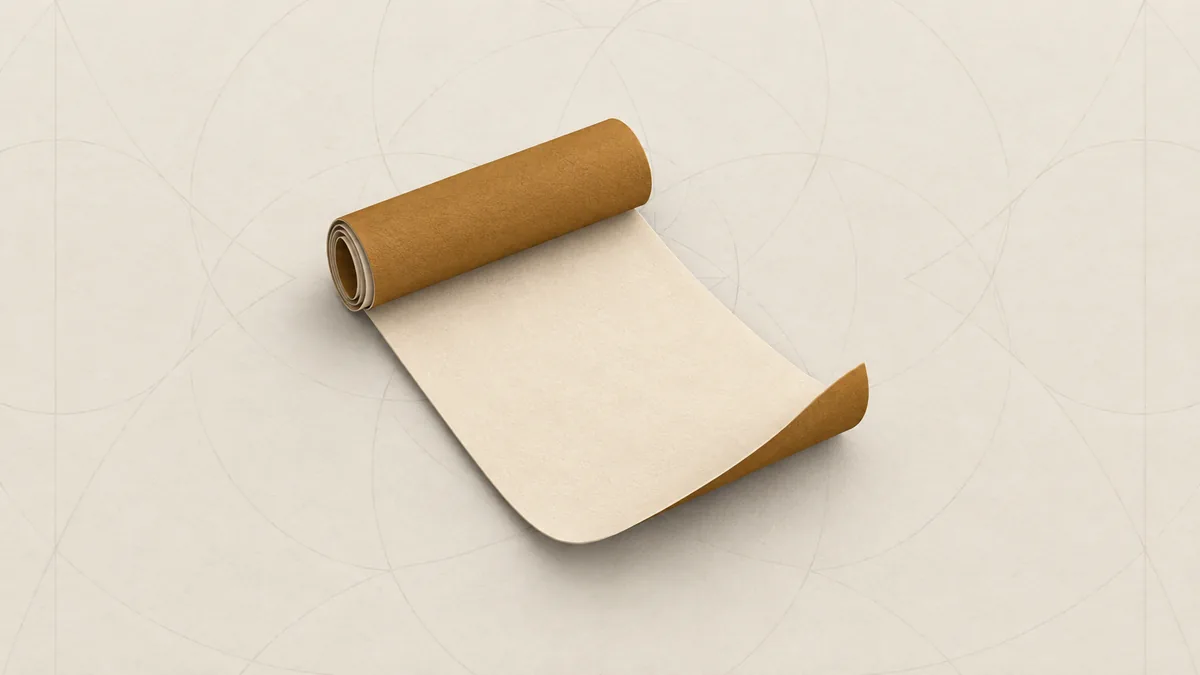 A half-unrolled paper scroll, blank inside and amber outside, lying on warm off-white paper.