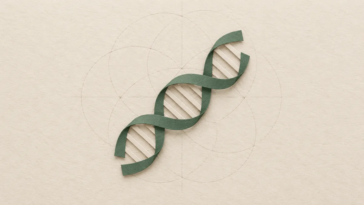 A cut-paper ladder twisted into a double helix, its two ribbons green, lying across warm off-white paper.