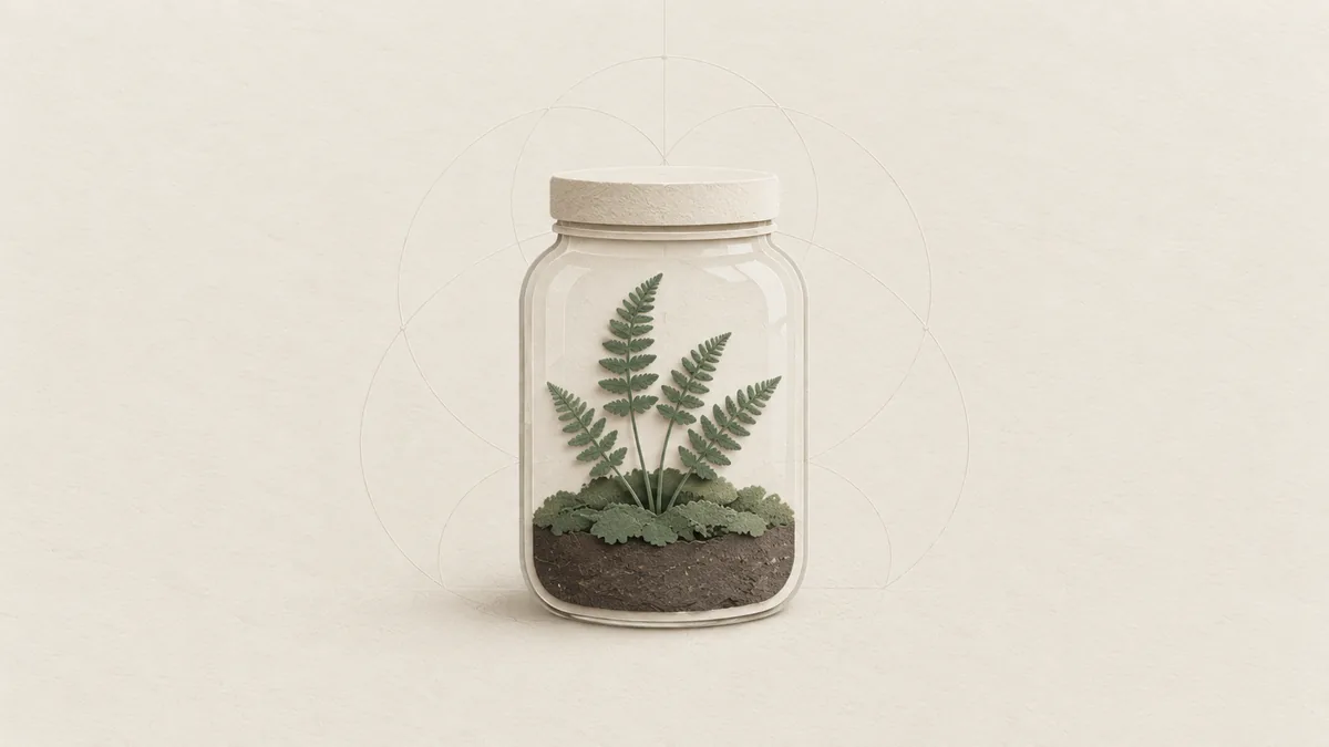 A cut-paper glass jar holding soil, moss and a small green fern, on warm off-white paper.