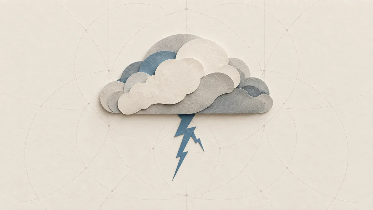 A single paper storm cloud with one forked blue lightning bolt below it, on warm off-white paper among faint arcs.