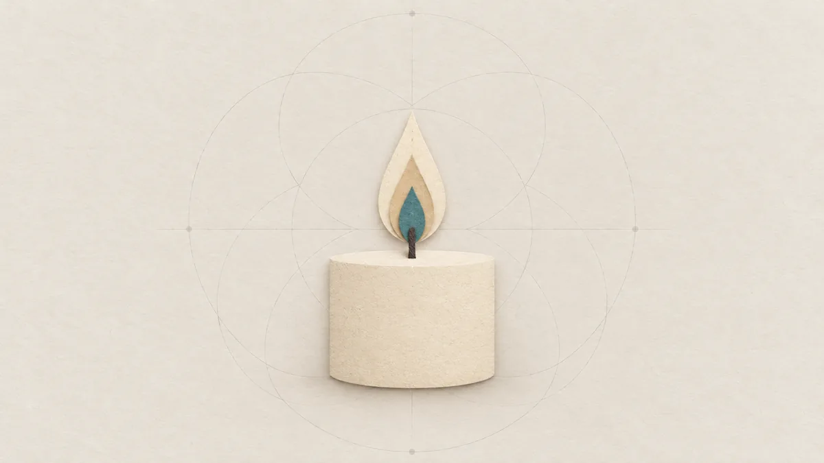 A short cut-paper candle with a still flame, its core teal, standing on warm off-white paper.