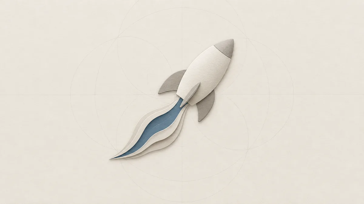 A plump cut-paper rocket climbing at a slight tilt, a blue plume streaming out behind it, on warm off-white paper.