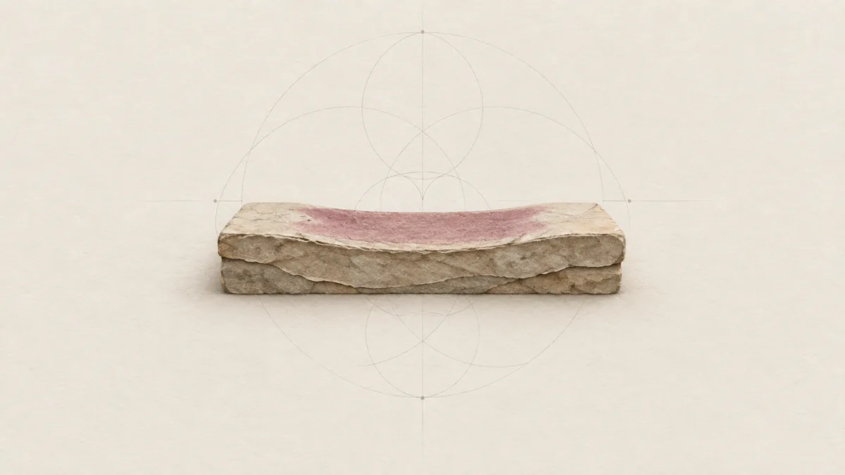 A paper stone doorstep with a smooth pink hollow worn into its middle, centred on warm off-white paper.