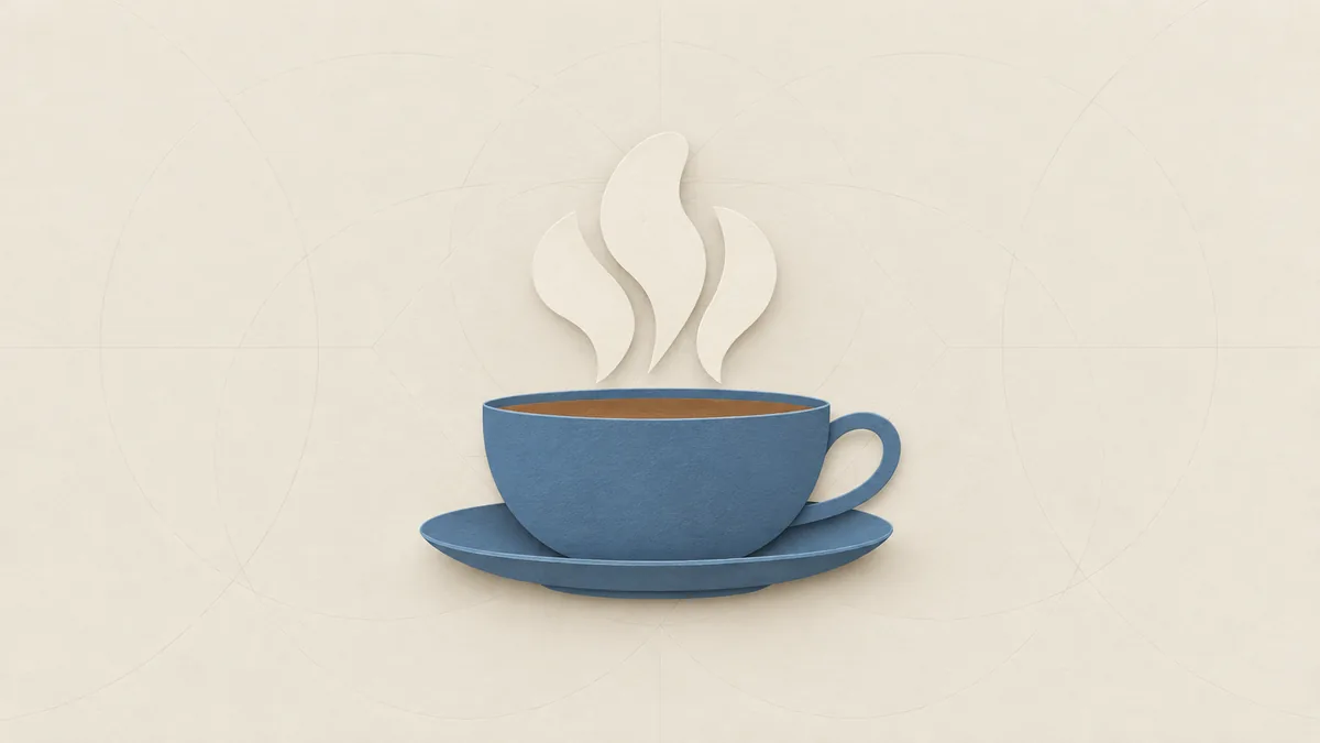 A blue cut-paper teacup on a saucer with soft plumes of steam rising above it, on warm off-white paper.