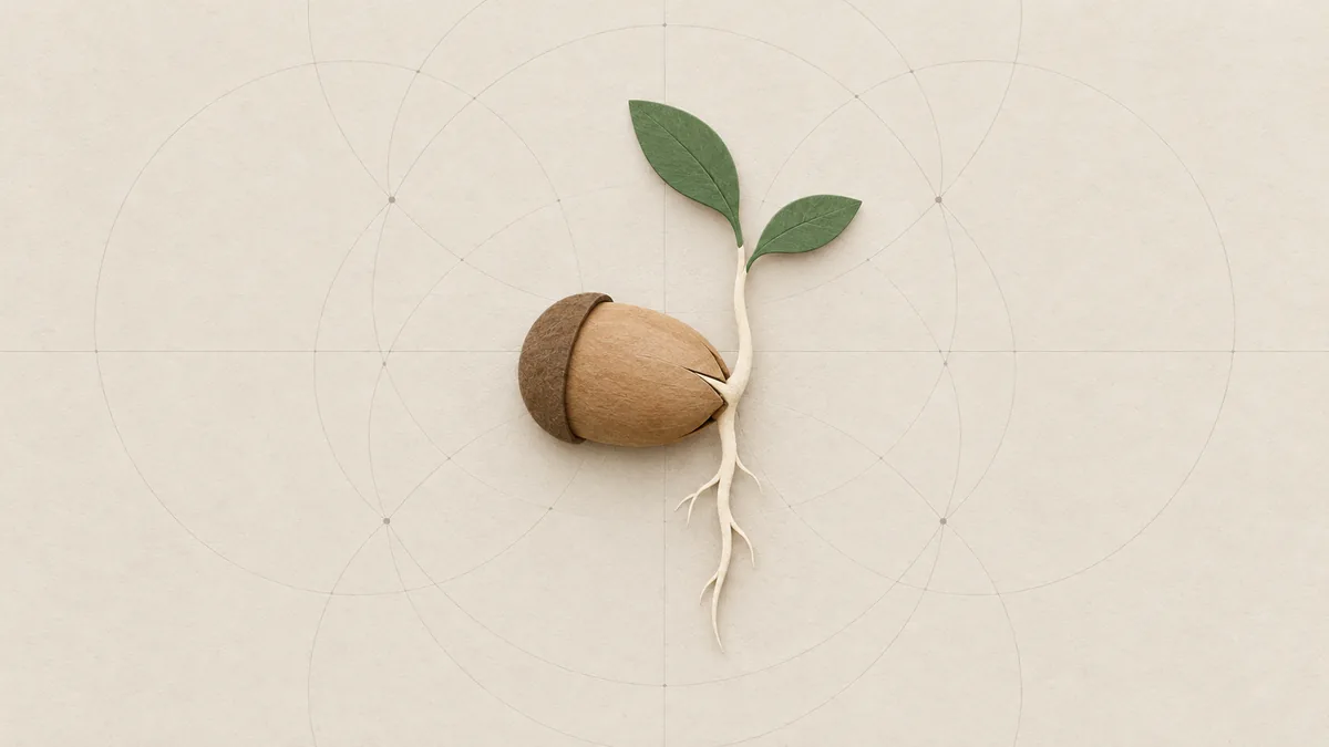 A cut-paper acorn sprouting on warm off-white paper, a pale root running down and a stem with two green leaves.