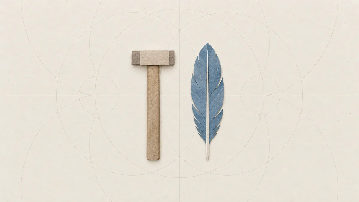 A cut-paper hammer and a blue feather hang level in mid-air, side by side, on warm off-white paper.