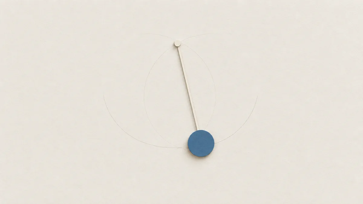 A single paper pendulum with a round blue bob, swung out to one side, on warm off-white paper among faint arcs.
