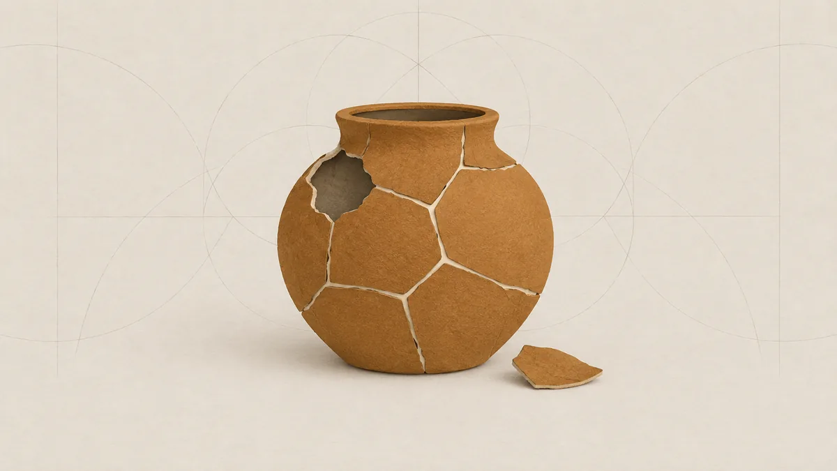 A paper clay pot pieced together from amber sherds, one piece missing and one loose sherd beside it, on off-white paper.