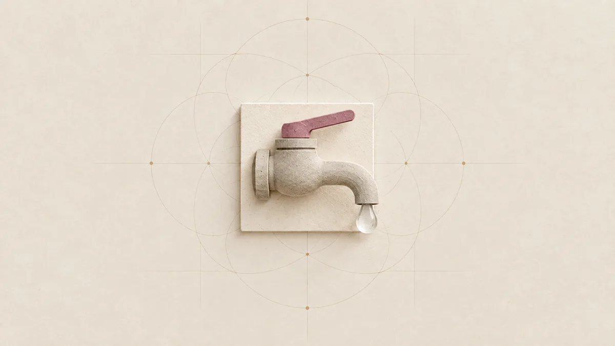 A cut-paper water tap with a pink handle and one clear drop of water hanging from its spout, on warm off-white paper.