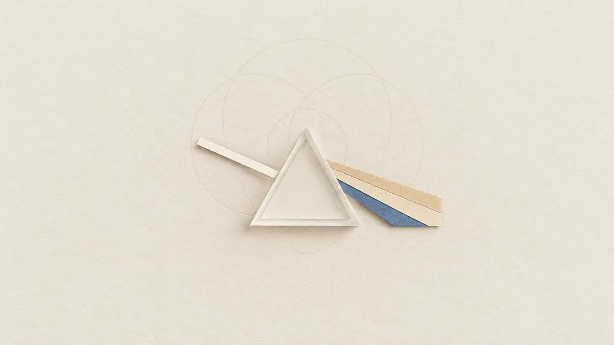 A cut-paper prism on warm off-white paper, with one pale beam entering it and a fan of bands leaving, one of them blue.