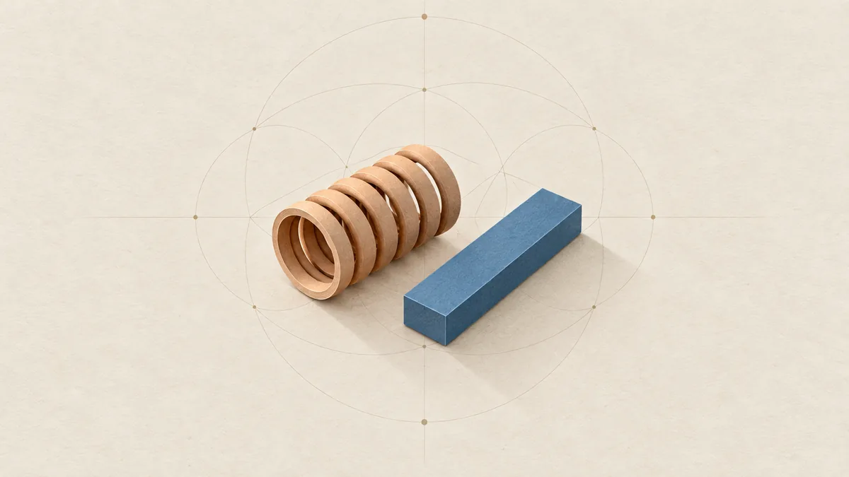 A cut-paper blue bar magnet lying beside a short coil of copper-coloured wire, on warm off-white paper.