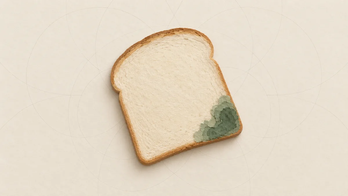 A thick slice of cut-paper bread with a soft patch of green mould on one corner, on warm off-white paper.