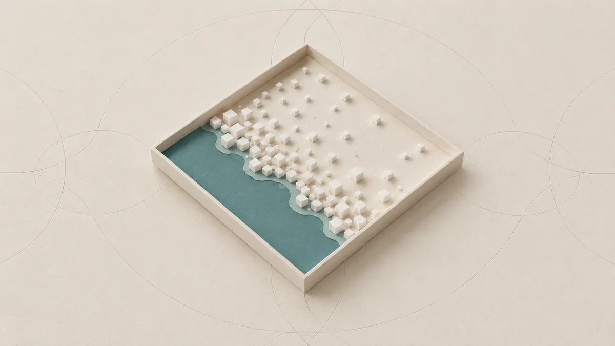 A shallow cut-paper tray, teal water drawn back to one side and small white salt crystals left on its dry floor.