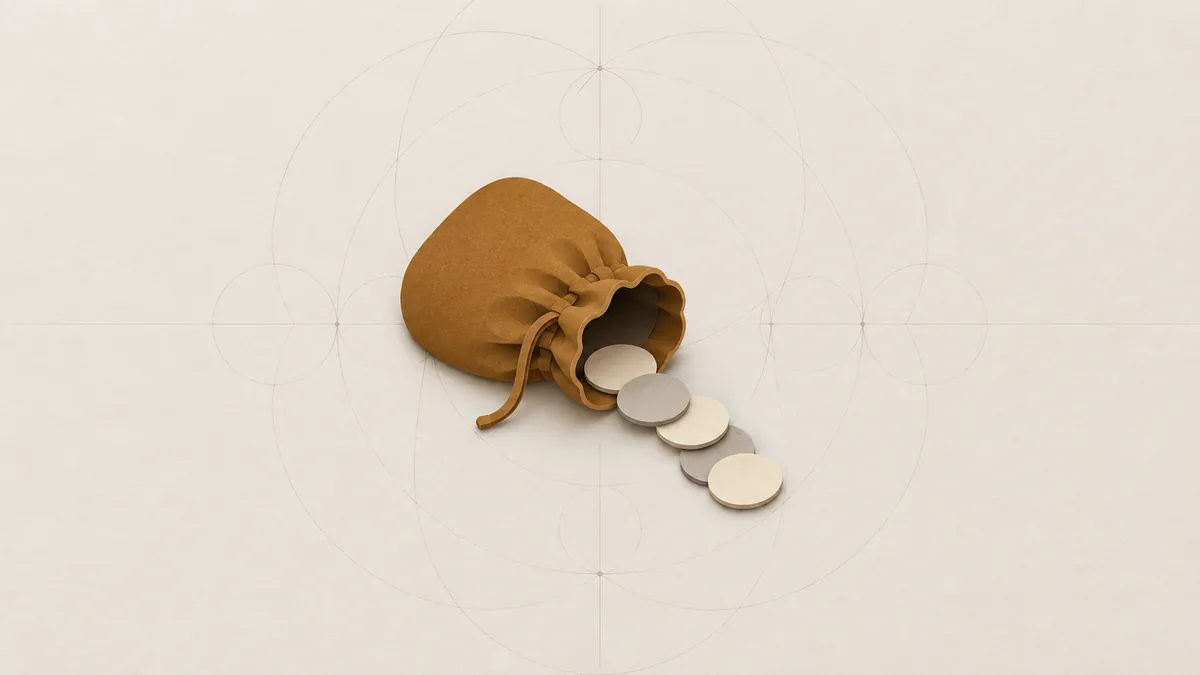 A cut-paper drawstring pouch in amber lying open, a few plain pale coins spilling from it, on warm off-white paper.
