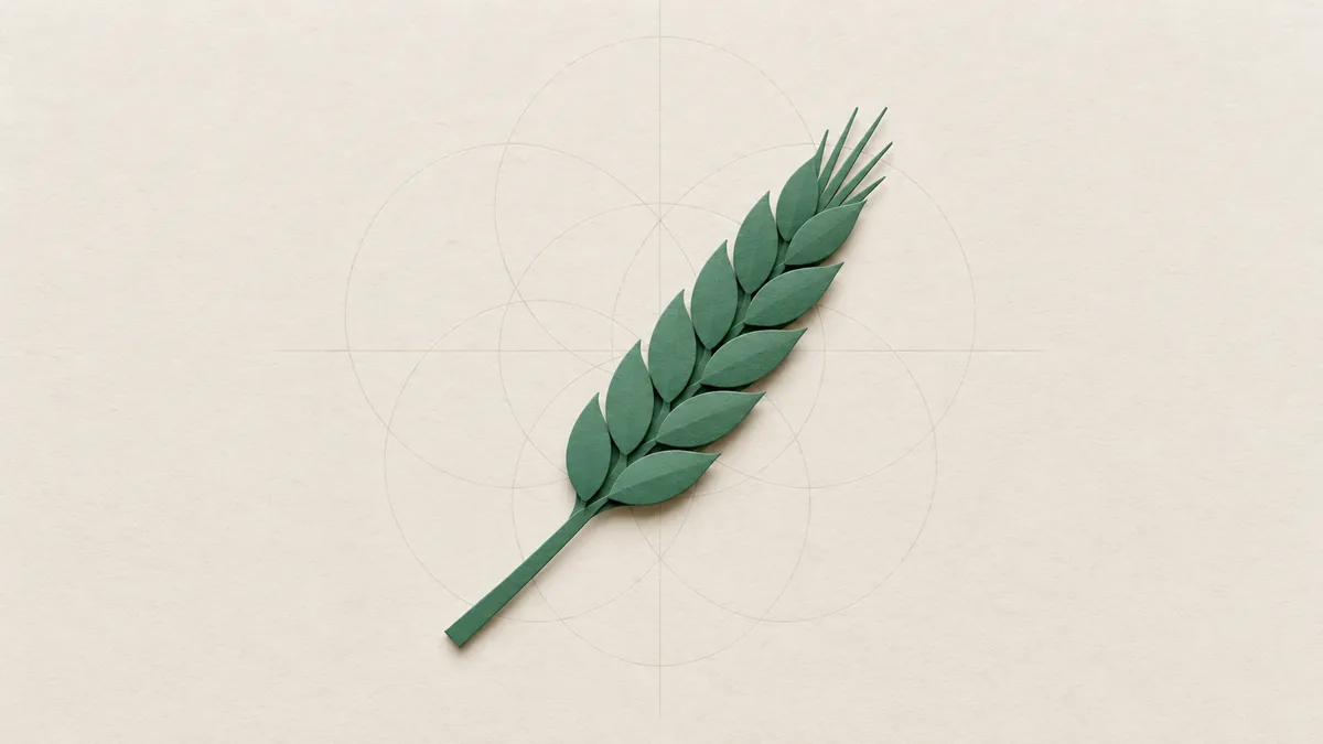 A single cut-paper ear of wheat in green, lying on a diagonal on warm off-white paper.