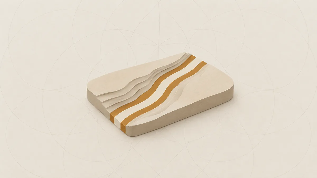 A cut-paper relief of pale desert crossed by a river, a narrow amber band along both banks, on warm off-white paper.