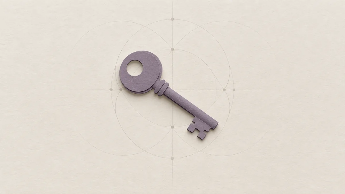 A single old-fashioned paper key with a violet bow, lying on warm off-white paper among faint geometric circles.