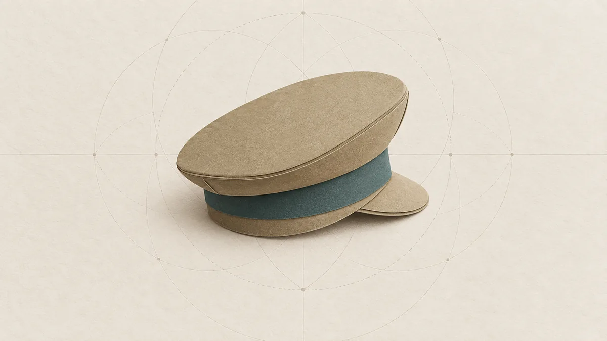 A plain paper guard's cap with a teal band, resting empty on warm off-white paper, faint arcs behind it.