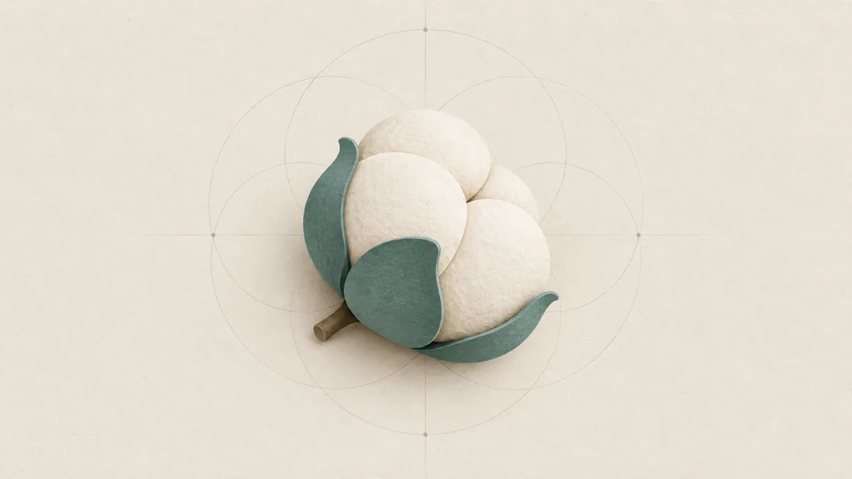 A cut-paper cotton boll lying on its side, soft cream fibre spilling from a rounded teal husk, on warm off-white paper.