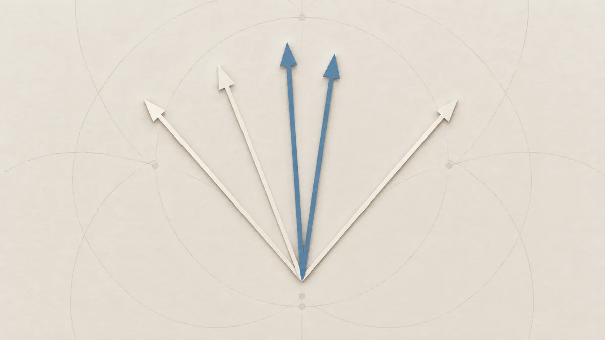 Five slender paper arrows fan out from one point; two blue arrows point almost the same way, side by side.