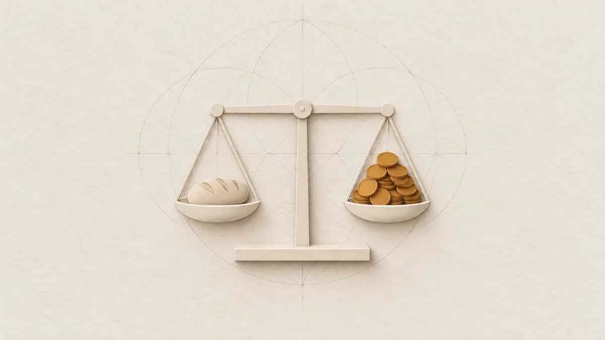 A paper balance: one small loaf in one pan, a tall heap of plain amber coins in the other, on warm off-white paper.